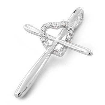 Sterling Silver Cross Heart CZ Pendant