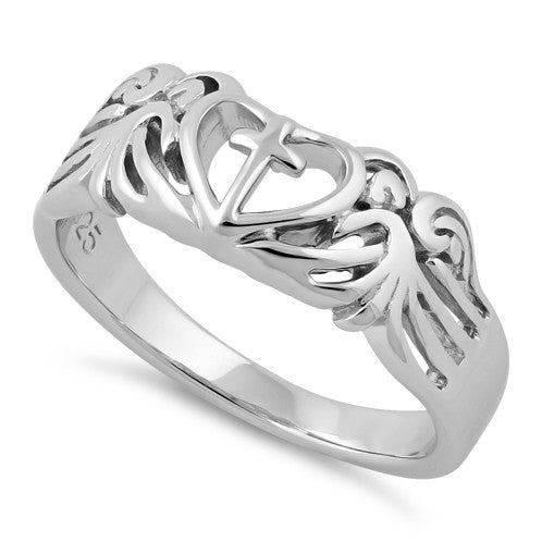 Sterling Silver Cross Heart Wings Ring