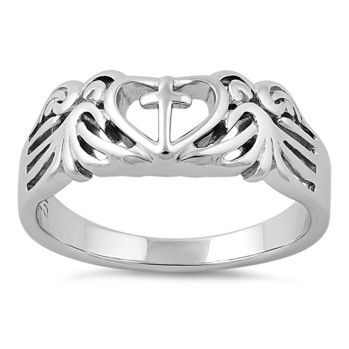 Sterling Silver Cross Heart Wings Ring
