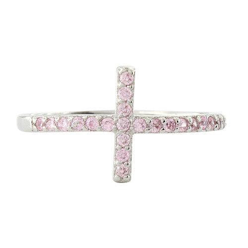 Sterling Silver Cross Pink CZ Ring