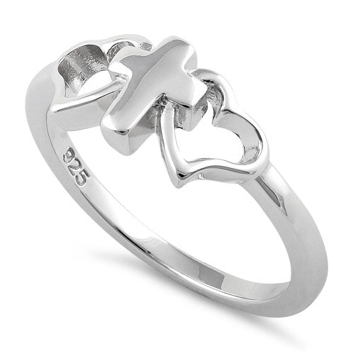 Sterling Silver Cross with 2 Hearts Ring
