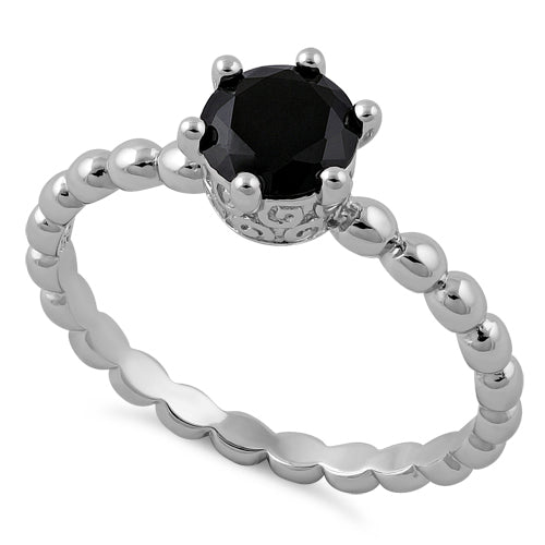Sterling Silver Crown Beaded Black CZ Ring