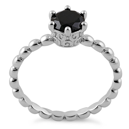 Sterling Silver Crown Beaded Black CZ Ring