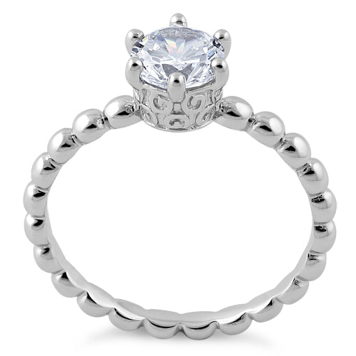 Sterling Silver Crown Beaded Clear CZ Ring
