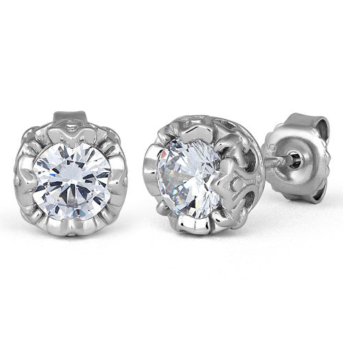 Sterling Silver Crown Clear CZ Stud Earrings