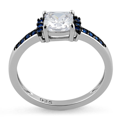 Sterling Silver Cushion Blue Spinel Clear CZ Ring