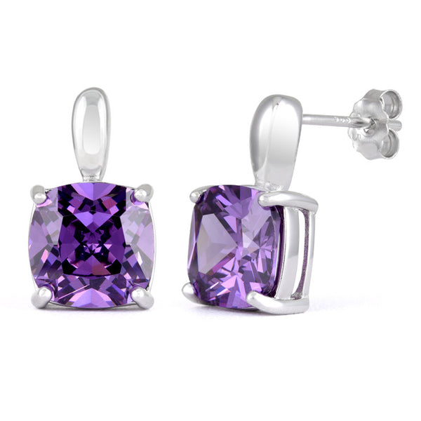 Sterling Silver Cushion Cut Amethyst CZ Earrings