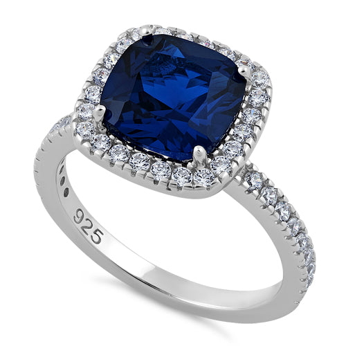 Sterling Silver Cushion Cut Blue Spinel CZ Ring