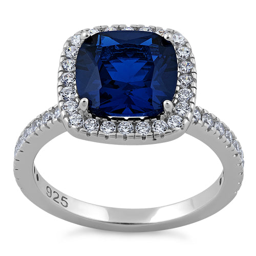 Sterling Silver Cushion Cut Blue Spinel CZ Ring