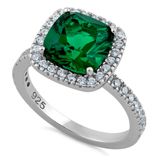 Sterling Silver Cushion Cut Emerald CZ Ring