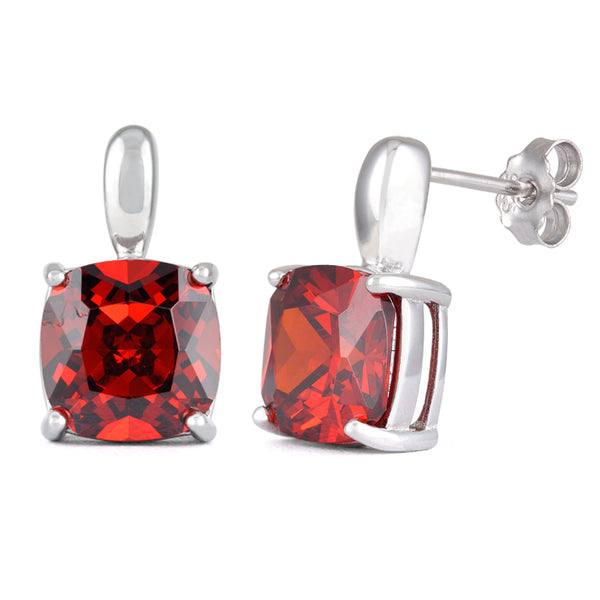 Sterling Silver Cushion Cut Garnet CZ Earrings