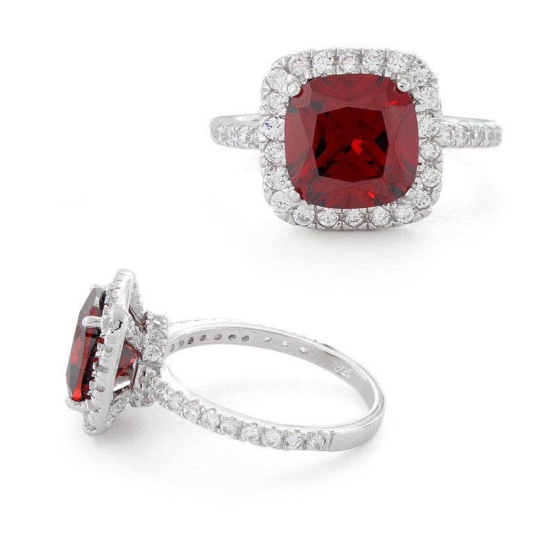 Sterling Silver Cushion Cut Garnet CZ Ring