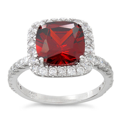 Sterling Silver Cushion Cut Garnet CZ Ring