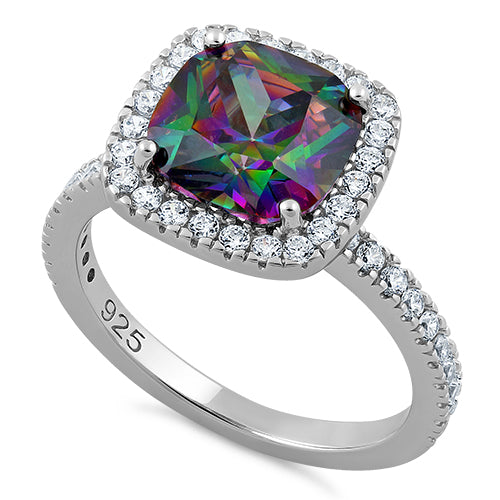 Sterling Silver Cushion Cut Rainbow CZ Ring