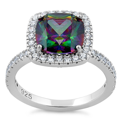 Sterling Silver Cushion Cut Rainbow CZ Ring