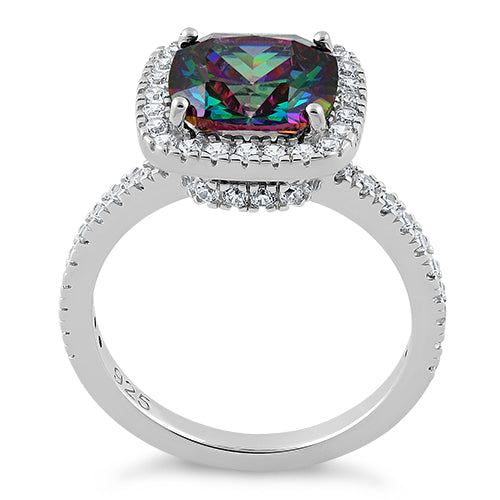 Sterling Silver Cushion Cut Rainbow CZ Ring