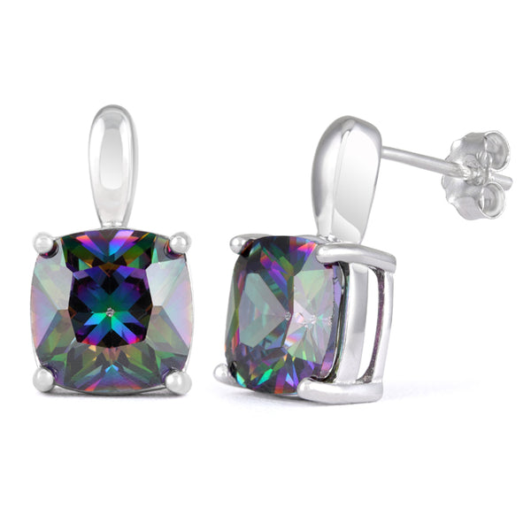 Sterling Silver Cushion Cut Rainbow Topaz CZ Earrings