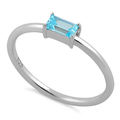 Sterling Silver Dainty Baguette Straight Aqua Blue CZ Ring