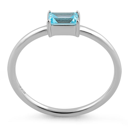 Sterling Silver Dainty Baguette Straight Aquamarine CZ Ring