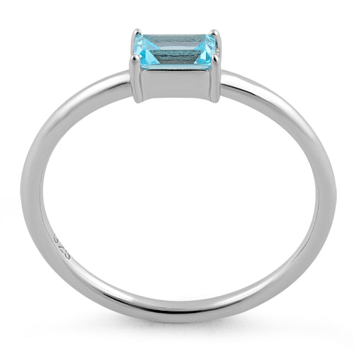 Sterling Silver Dainty Baguette Straight Aqua Blue CZ Ring