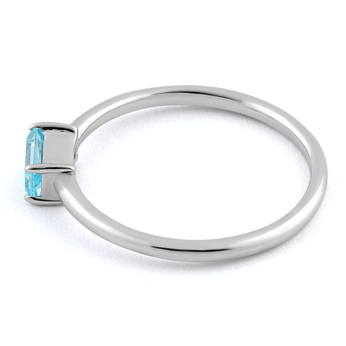 Sterling Silver Dainty Baguette Straight Aquamarine CZ Ring