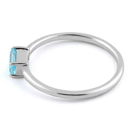 Sterling Silver Dainty Baguette Straight Aqua Blue CZ Ring