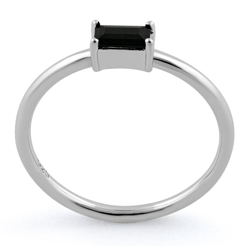 Sterling Silver Dainty Baguette Straight Black CZ Ring