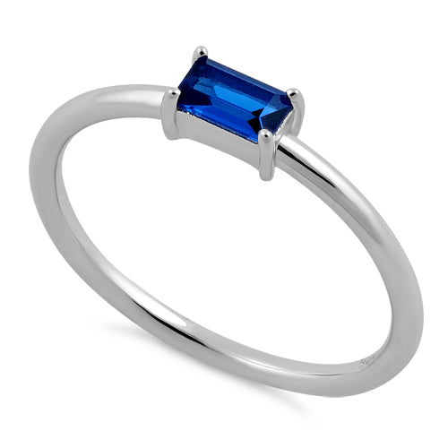 Sterling Silver Dainty Baguette Straight Blue Spinel CZ Ring