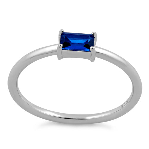 Sterling Silver Dainty Baguette Straight Blue Spinel CZ Ring
