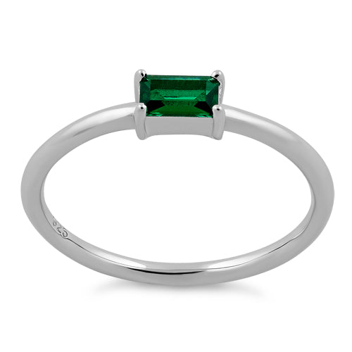 Sterling Silver Dainty Baguette Straight Emerald CZ Ring