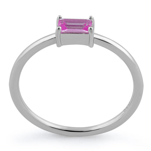 Sterling Silver Dainty Baguette Straight Pink CZ Ring