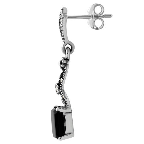 Sterling Silver Dangling Rectangular Black Onyx Marcasite Earrings