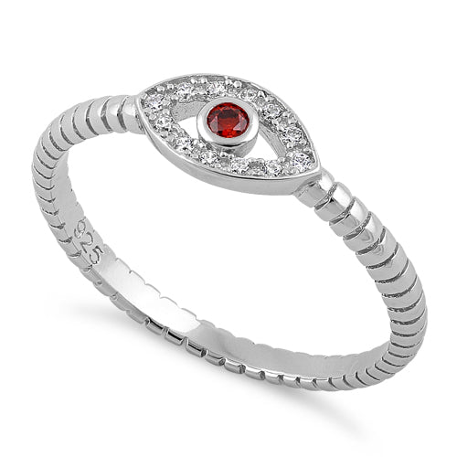 Sterling Silver Dark Garnet Stone Evil Eye CZ Ring