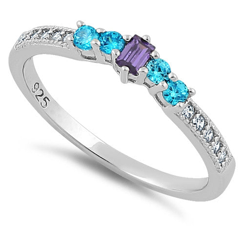 Sterling Silver Dark Violet & Aqua CZ Ring