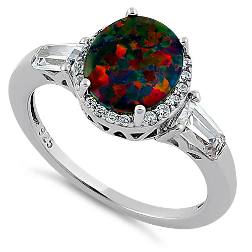 Sterling Silver Dazzling Oval Black Lab Opal CZ Ring