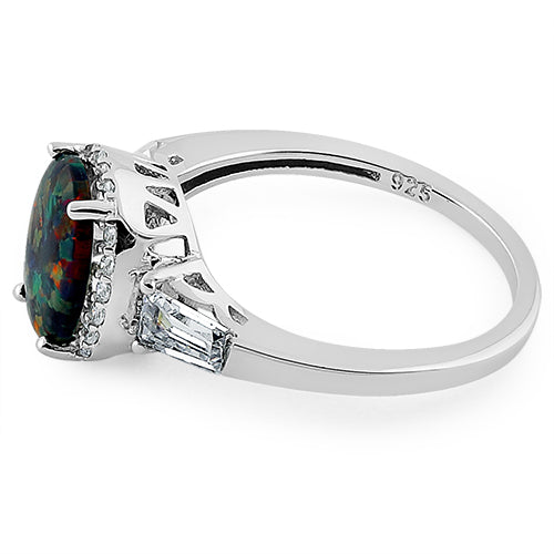 Sterling Silver Dazzling Oval Black Lab Opal CZ Ring