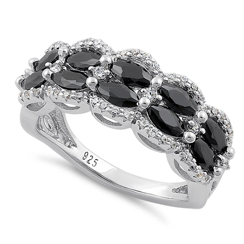 Sterling Silver Decorative Marquise & Round Cut Black CZ Ring