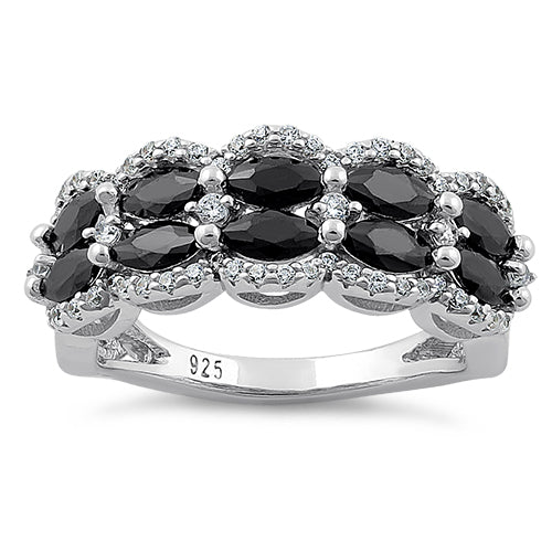 Sterling Silver Decorative Marquise & Round Cut Black CZ Ring