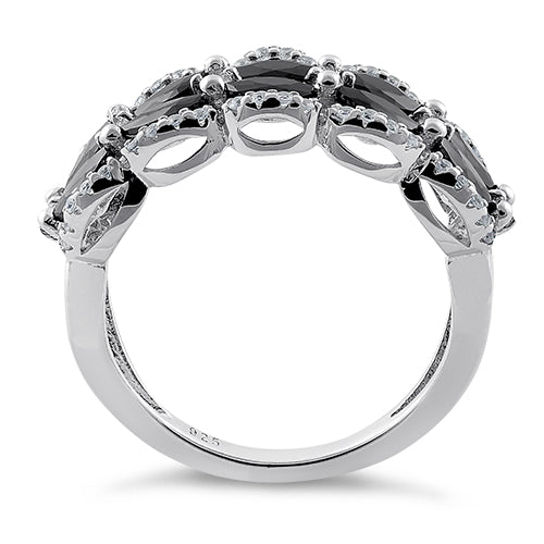 Sterling Silver Decorative Marquise & Round Cut Black CZ Ring