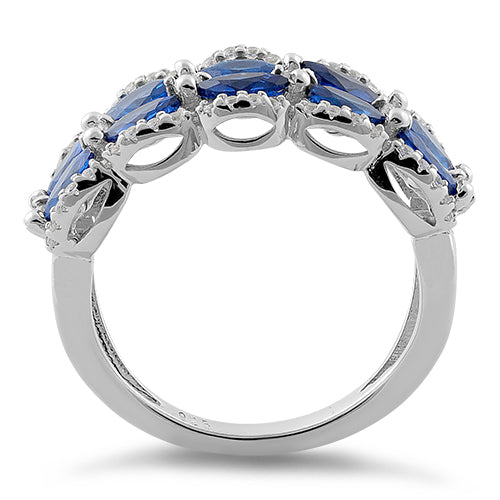 Sterling Silver Decorative Marquise & Round Cut Blue Spinel CZ Ring