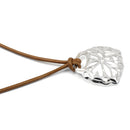 Sterling Silver Diamond Cut Flower with Brown Leather Cord 16" Necklace