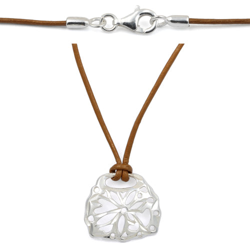Sterling Silver Diamond Cut Flower with Brown Leather Cord 16" Necklace