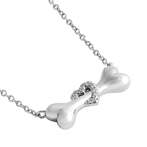 Sterling Silver Dog Bone Clear Heart CZ Necklace