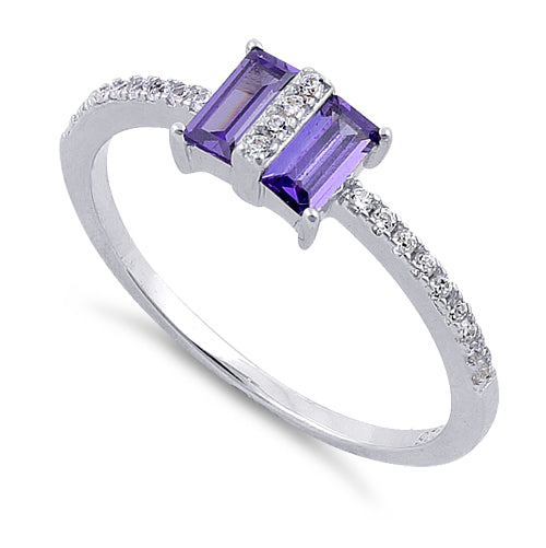Sterling Silver Double Baguette Straight Cut Amethyst & Clear CZ Ring