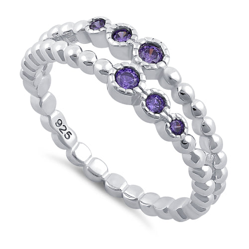 Sterling Silver Double Beaded Amethyst CZ Ring