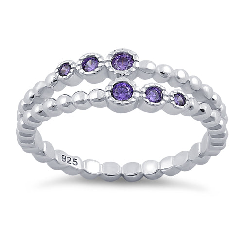 Sterling Silver Double Beaded Amethyst CZ Ring