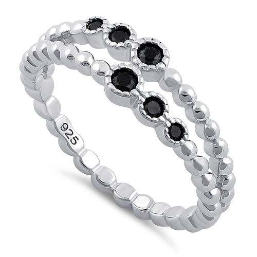 Sterling Silver Double Beaded Black CZ Ring