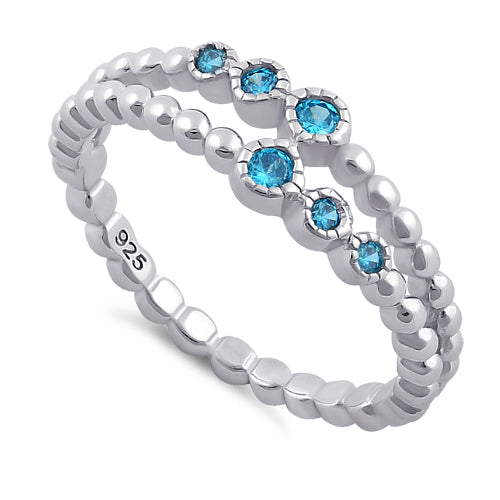 Sterling Silver Double Beaded Blue Topaz CZ Ring