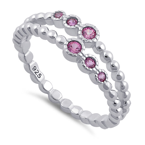 Sterling Silver Double Beaded Pink CZ Ring