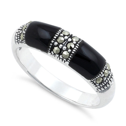 Sterling Silver Double Black Onyx Marcasite Ring